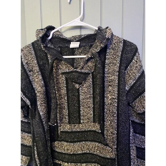 Mexican Textiles black tan BAJA HOODIE PONCHO RUG JACKET SURF Small Hooded S - Picture 2 of 6